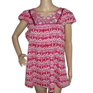 Millenium Blouse Womens 1X pink burgundy red lace sequins beaded v-neck tunic